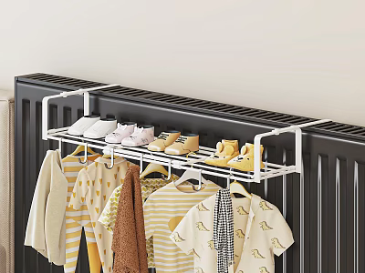 Striped Brown And White Patterned Clothes On Hanging Rack Above Black Radiator With Shoes 3d model