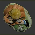 Cute Blonde Child Doll Playing Lute In Orange Dress On Green Base