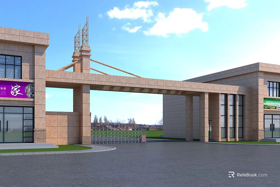 Modern Stone Entrance Gate With Arched Portal Decorative Top And Side Buildings 3d model 
