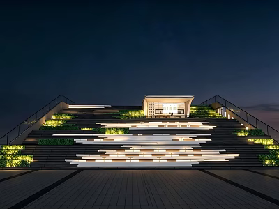 Nighttime Illuminated Staircase Landscape With Layered Stairs Green Vegetation And Small Pavilion 3d model