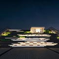 Nighttime Illuminated Staircase Landscape With Layered Stairs Green Vegetation And Small Pavilion