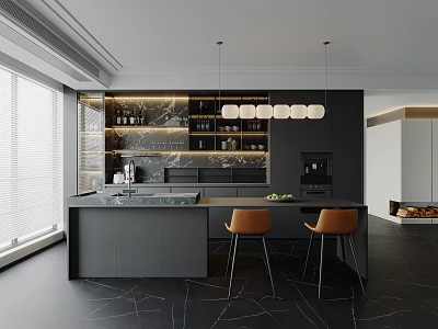 Modern Kitchen Interior Design With Marble Island Countertop Black Cabinets And Pendant Lights 3d model
