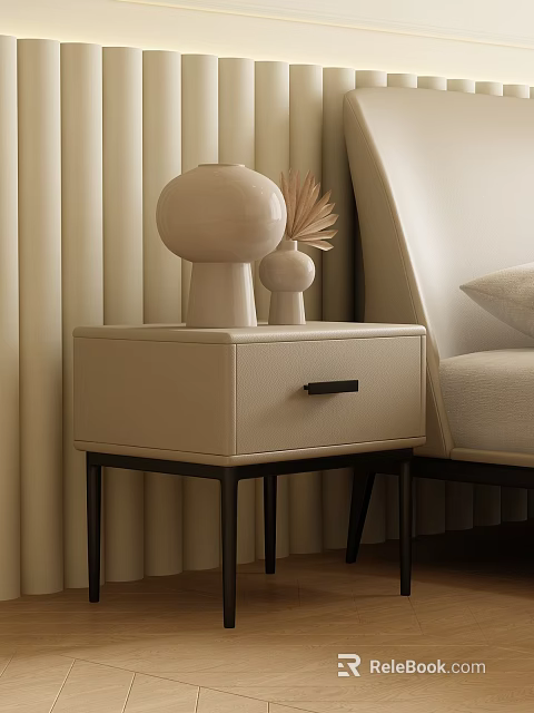Cream Colored Leather Bedside Table With Black Handle Drawer Two Vases And Dried Palm Leaves 3d model 