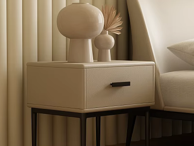 Cream Colored Leather Bedside Table With Black Handle Drawer Two Vases And Dried Palm Leaves 3d model