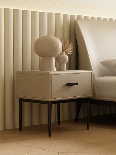 Cream Colored Leather Bedside Table With Black Handle Drawer Two Vases And Dried Palm Leaves 3d model