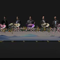 Ceremonial Launch Device Featuring Five People Decorative Flowers Wavy Pattern Tabletop and Wheels