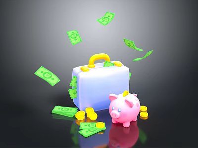 Decorative Ornament Set Blue Suitcase Yellow Handle Green Dollar Bills Pink Piggy Bank Yellow Coins 3d model