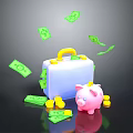 Decorative Ornament Set Blue Suitcase Yellow Handle Green Dollar Bills Pink Piggy Bank Yellow Coins