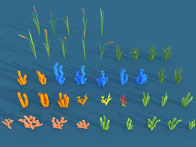 Colorful Various Shaped Plants Including Green Grass Like Orange Blue And Red Varieties 3d model