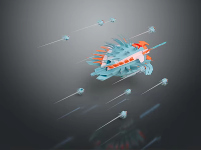 3D Rendering of Futuristic Spaceship With Small Drones Flying in Dark Background 3d model