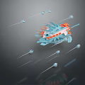 3D Rendering of Futuristic Spaceship With Small Drones Flying in Dark Background