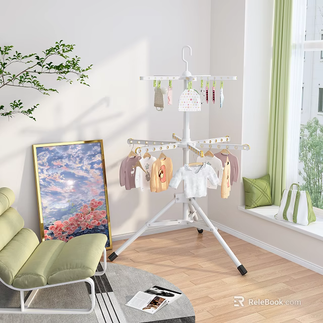 White Tripod Clothes Drying Rack With Baby Clothes In Indoor Home Setting 3d model 