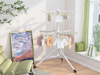 White Tripod Clothes Drying Rack With Baby Clothes In Indoor Home Setting 3d model
