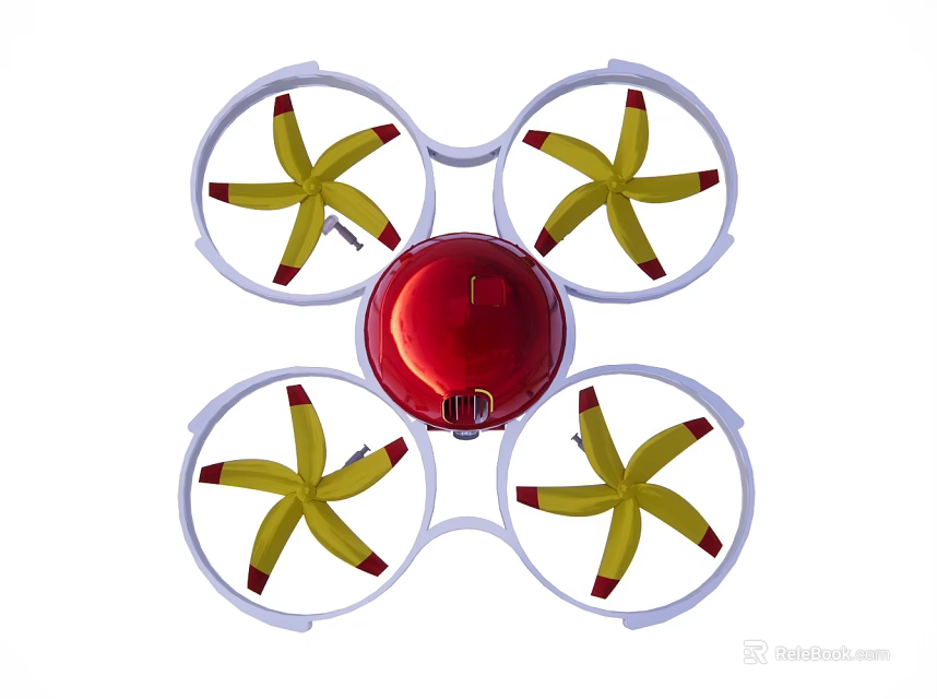 Quadcopter Drone Featuring Four Yellow Blades With Red Tips And Red Center 3d model 