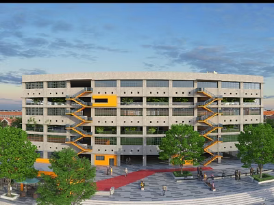 Modern Office Building Exterior With Yellow Accents Trees And Pedestrian Plaza 3d model