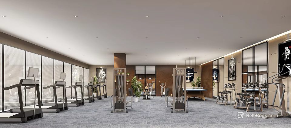 Spacious Modern Gym Interior With Various Workout Equipment And Green Plants 3d model 