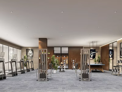 Spacious Modern Gym Interior With Various Workout Equipment And Green Plants 3d model