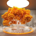 Golden Leaf Deciduous Tree on Circular Platform Surrounded by Mist and People with Overhead Light 3d model