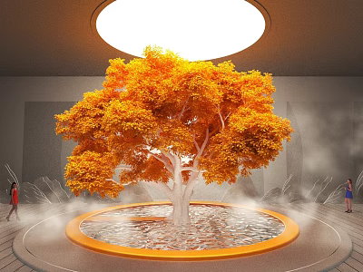 Golden Leaf Deciduous Tree on Circular Platform Surrounded by Mist and People with Overhead Light 3d model