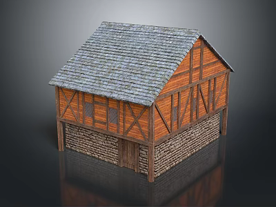 Ancient Architecture With Traditional Timber Frame Gray Tile Roof And Brick Stone Base 3d model