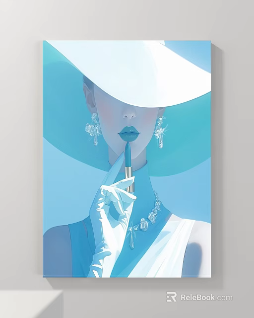 Elegant Woman Figure Portrait With Large Light Blue Hat White Gloves Lipstick And Necklace 3d model 
