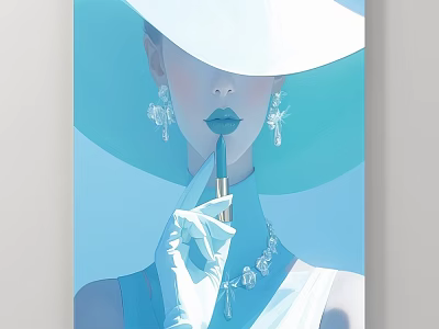 Elegant Woman Figure Portrait With Large Light Blue Hat White Gloves Lipstick And Necklace 3d model