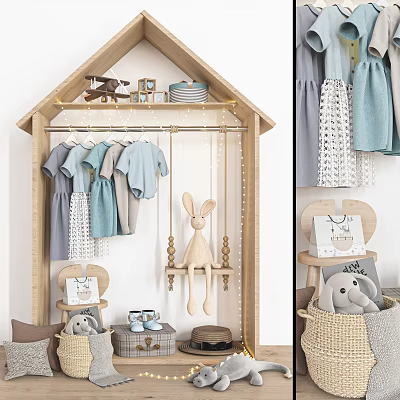 Kids Storage Rack with Hanging Clothes Stuffed Rabbit Toys and Cozy Kids Room Organizer 3d model