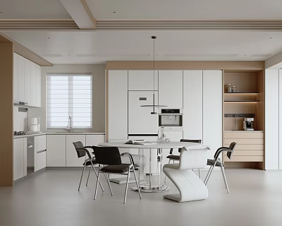 Modern Restaurant Interior With Open Kitchen White Cabinets Dining Table And Chairs 3d model