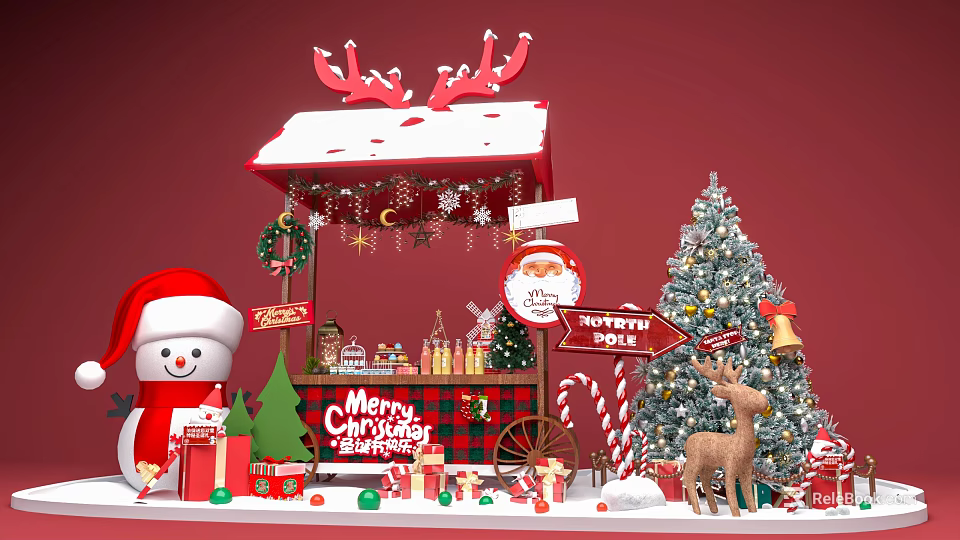 Festive Christmas Scene With Hut Tree Snowman Reindeer And Gift Decorations 3d model 