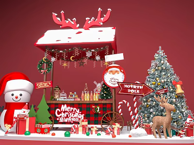 Festive Christmas Scene With Hut Tree Snowman Reindeer And Gift Decorations 3d model