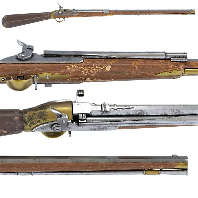 Antique Historical Weapon Rifle Featuring Wooden Stock Engraved Metal Barrel And Brass Fittings 3d model