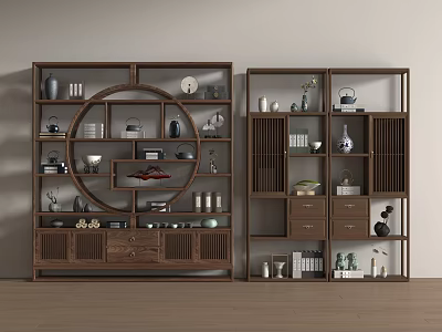 Traditional Chinese Wooden Display Shelf With Ceramic Vases Books And Tea Sets For Living Room 3d model