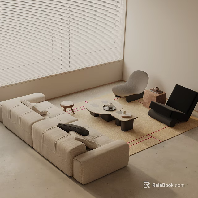 Modern Beige Linen Sofa and Coffee Table Set with Accent Chair and Window Blinds 3d model