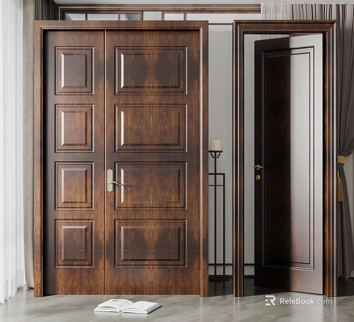 Dark Wooden Swing Door With Panel Design For Modern Interior Spaces 3d model