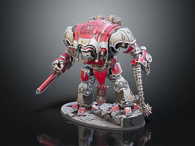 Smart Machine Warrior Model With Red Silver Armor Spear Chain And Rock Base 3d model