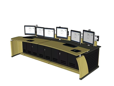 Functional Modern Console Work Desk With Multiple Monitors And Storage Cabinets 3d model