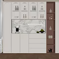 Modern Wine Cabinet With White Cabinetry Marble Backsplash Glass Doors Drawers And Decorative Shelves