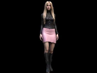 Blonde Haired Game Movie Character In Black Leather Jacket Pink Pleated Skirt And Black Boots 3d model