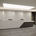 Modern Reception Desk With Marble Countertop Black Base Striped Wall Ceiling Light And Potted Plant