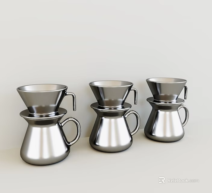 Three Stainless Steel Coffee Cups With Modern Design And Handles For Brewing 3d model 