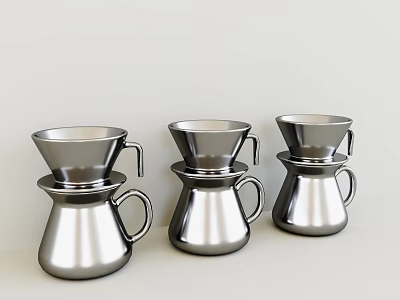 Three Stainless Steel Coffee Cups With Modern Design And Handles For Brewing 3d model