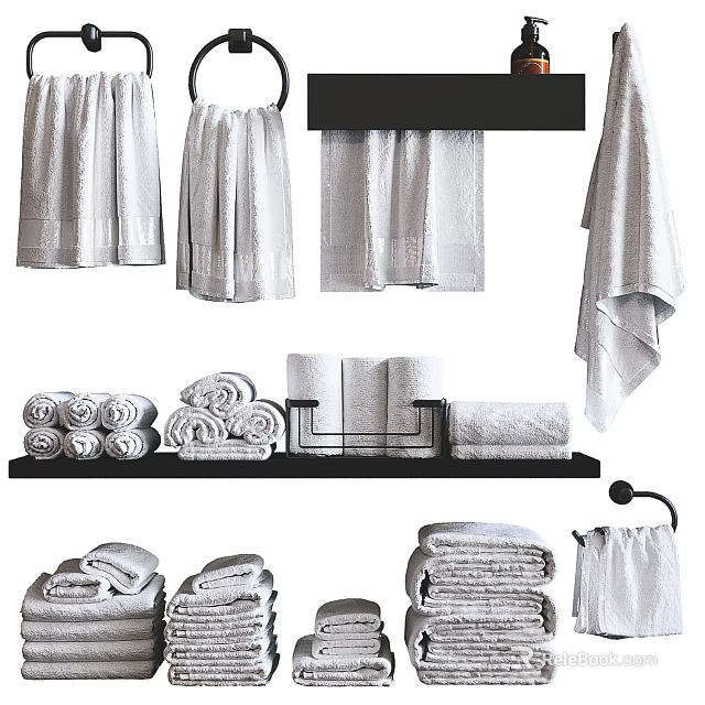 Soft White Towels Collection with Hanging and Folded Styles on Shelf and Towel Rack 3d model 