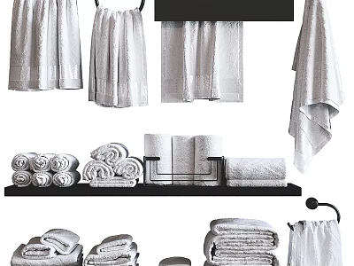 Soft White Towels Collection with Hanging and Folded Styles on Shelf and Towel Rack 3d model