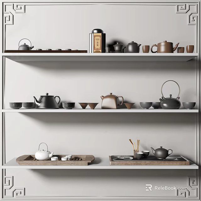 Elegant Tea Set Collection on Multiple Shelves with Ceramic Teapots and Cups 3d model