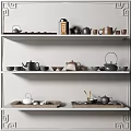 Elegant Tea Set Collection on Multiple Shelves with Ceramic Teapots and Cups