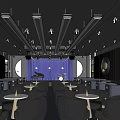 Modern Bar Interior Design With Black Seats Round Tables Blue Curtain And Hanging Lighting