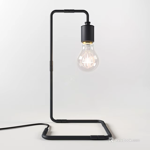 Minimalist Black Metal Table Lamp with Curved Stand and Transparent Bulb for Home Office 3d model 