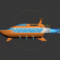Orange Cosmic Spaceship With Green Cockpit Blue Stripes And Jet Flames