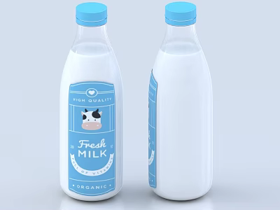 Fresh Organic Milk in Transparent Bottles with Blue Caps High Quality 3d model