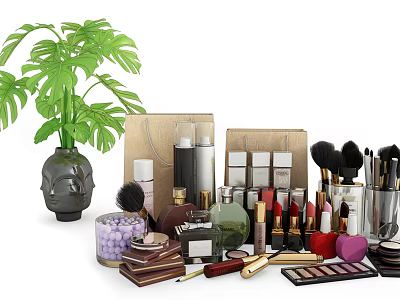 Luxury Perfume and Cosmetics Collection With Makeup Brushes Skincare Products and Gift Bags 3d model